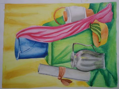 Watercolor Still Life, Painted By Anushka😁. Useful For Elementry/Intermediate Art Exam Still Life Drawing Elementary, Intermediate Still Life Drawing, Steel Life Drawing, Still Life Drawing Colour, Elementary Painting, Fruit Basket Drawing, Intermediate Drawing, Color Wheel Art Projects, Intermediate Art