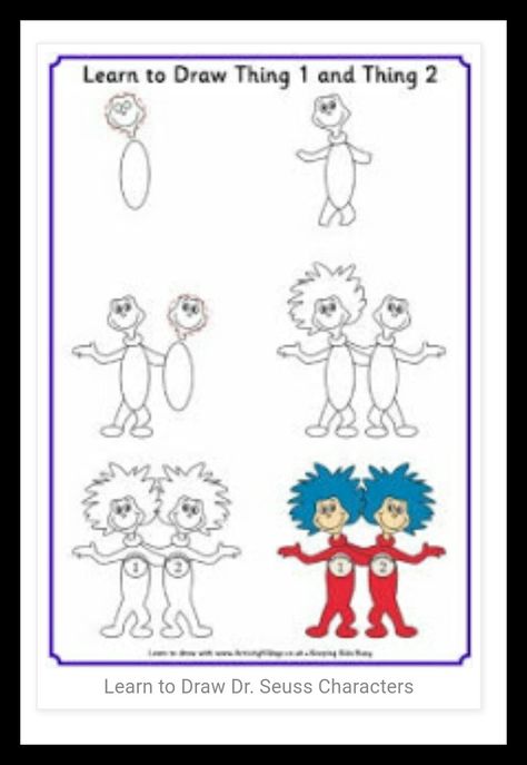 How 2 draw Things 1&2 Draw Dr Seuss Characters, Draw Cartoon Characters, Thing One And Thing Two, Dr Seuss Characters, Dr Seuss Classroom, Dr Seuss Activities, Dr Seuss Crafts, Seuss Classroom, Seuss Crafts