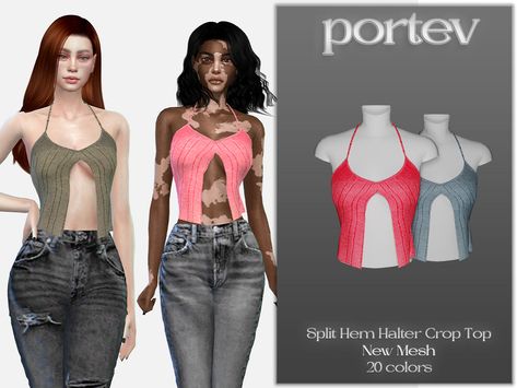 The Sims Resource - Split Hem Halter Crop Top Sims 4 Cc Clothes Female Crop Top, S4cc Clothes, Sims Wardrobe, Sims 4 Hair Male, Cc Sims4, Palm Print Dress, Cc Mods, Graphic Print Dress, Free Sims 4