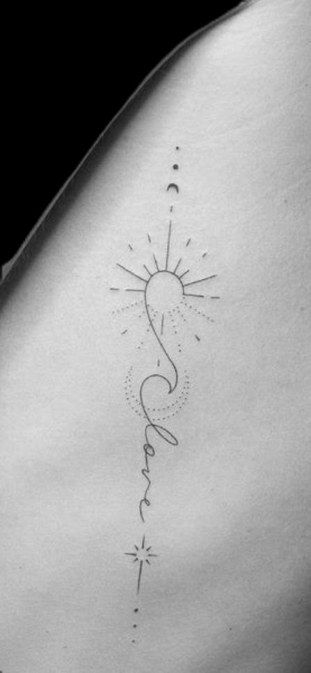 Sun And Arrow Tattoo, Rising Sun Tattoo Designs, Sternum Tattoo With Meaning, Sunrise Tattoo Rising Sun, Mini Tattoos Sun, Beach Tattoo Ideas For Women, Simple Back Tattoo Women, Fineline Sun Tattoo, Sunset Tattoo Minimalist