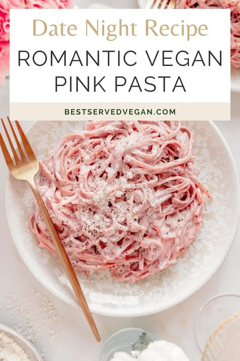 A rich and creamy vegan pink pasta sauce. The sauce gets its creaminess from soaked cashews and its beautiful pastel pink color from a roasted beet (yes it's completely dye-free). This entree comes together quickly and is full of flavor! This would be a great vegan dinner idea for Valentine's Day or a romantic date night. Pasta lovers get ready to meet the ultimate comfort food! Vegan Pink Sauce Pasta, Vegan Valentines Day Dinner, Date Night Pasta, Vegan Pasta Recipes Homemade, Pink Sauce Pasta, Pink Pasta, Beet Pasta, Pasta Sauce Recipe, Pastel Pink Color