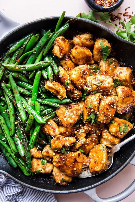 Quick, easy and delicious, this crispy chicken stir-fry with blistered green beans and a garlicky sauce is perfect for a better-than-takeout weeknight dinner! Blistered Green Beans, Chicken And Green Beans, Wok Recipes, Season Chicken, Healthy Chinese, Delicious Chicken Dinners, Modern Proper, Quick Stir Fry, Romantic Meals