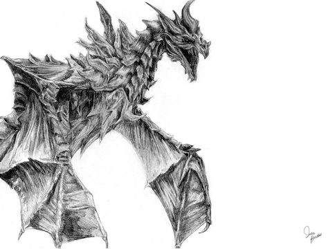 Alduin Skyrim Dragon Drawing, Alduin Skyrim Tattoo, Alduin Skyrim, Skyrim Tattoo, Skyrim Art, Drawing Time, Dragon Tattoos, Black Ink Tattoos, Ink Ideas