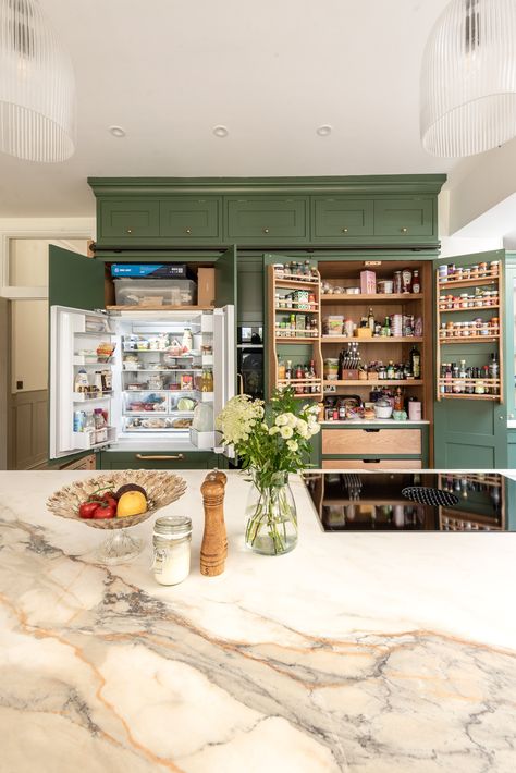 Bar Banquette, Hidden Kitchen Storage, Hidden Fridge, Floor To Ceiling Cabinets, Kitchen Larder, Kitchen Luxury, Hidden Kitchen, Kitchens Luxury, Integrated Fridge