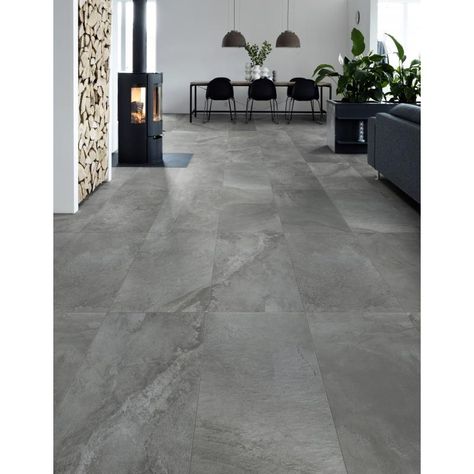 Living Room Grey Tiles, Gray Tile Flooring, Grey Floor Tiles Living Room, Grey Tiles Living Room, Living Room Tiles Design, Tiles Interior Design, Room Tiles Design, Grey Wood Tile, Large Floor Tiles