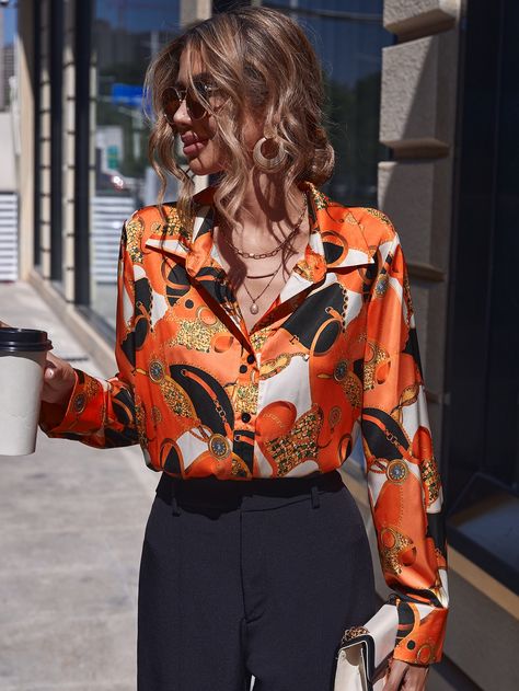 Orange Elegant Collar Long Sleeve Satin Chain Print Shirt Embellished Slight Stretch  Women Tops, Blouses & Tee Floral Silk Shirt Outfit, Orange Satin Shirt Outfit, Satin Shirts For Women, Satin Shirt Outfit, Floral Top Outfit, Orange Floral Top, Work Attire Women, Satin Shirts, Printed Silk Blouses