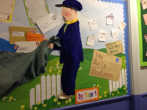 The jolly postman display year1 Jolly Postman Display, Jolly Christmas Postman, Post Office Play, Ks2 Classroom, Community Helper Lesson, Year 1 Classroom, Postman Pat, Writing Corner, Reception Activities