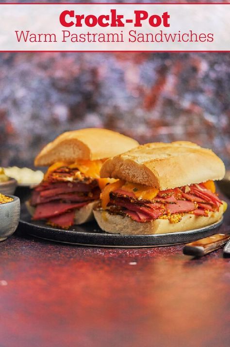 Crock-Pot Warm Pastrami Sandwiches - Serve these easy to make Crock-Pot Warm Pastrami Sandwiches for a light dinner or lunch. Just 3 ingredients are needed to make the pastrami meat. Serve on your favorite bread or rolls! [Gluten Free, Keto, Low Calorie, Low Carb, Low Fat, Low Sugar & Weight Watchers friendly!] #CrockPotLadies #CrockPot #SlowCooker #Pastrami #Sandwich #EasyRecipes #5IngredientsOrLess #GlutenFree #Keto #WeightWatchers Crockpot Pastrami, Pastrami Sandwich Recipe, Crock Pot Sandwiches, Hot Sandwich Recipes, Low Calorie Low Carb, Low Carb Low Fat, Pastrami Sandwich, Best Crockpot Recipes, Slow Cooker Meatballs