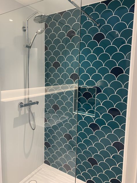 #Mermaid Tiles Shower Room Fish Scale Shower Tile, Fish Scale Tile Shower Wall, Green Fish Scale Tile Bathroom, Fish Tile Bathroom, Blue Fish Scale Tile Bathroom, Mermaid Tiles, Sea Glass Tile, Mermaid Tile, Coastal Bathroom Decor