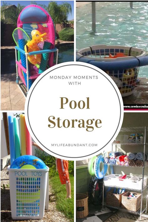 Get all your pool items stored away and keep your pool safe all year long. Several easy ideas to put together. Pool Float Storage Ideas Diy, Pool Float Organizer, Diy Pool Float Storage, Pool Float Storage Ideas, Diy Pool Toys, Pool Toy Organization, Pool Towel Storage, Pool Items, Float Storage