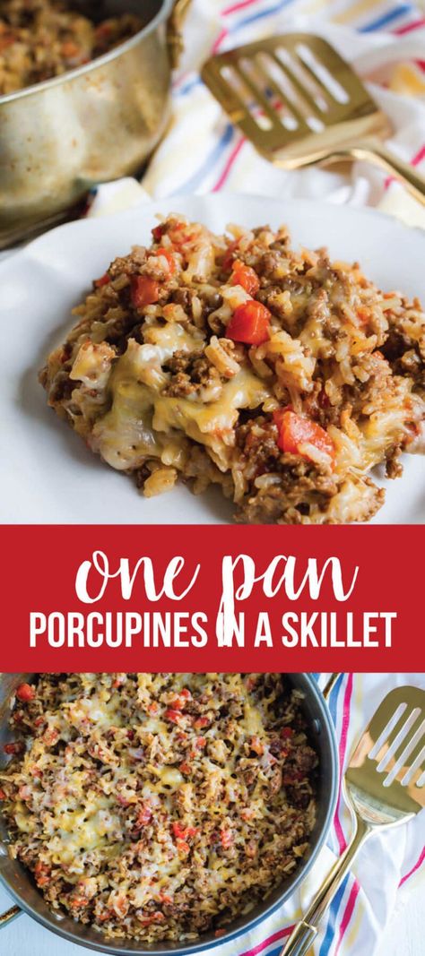 Easy dinner ideas - my favorite type! Make this Porcupines in a Skillet and everyone in your family will be happy. One pan meals are the ultimate. Hamburger Dishes, Easy Meat Recipes, Chicken Healthy, Beef Casserole Recipes, Pan Meals, Easy Dinner Ideas, Beef Recipes Easy, One Pan Meals, Beef Recipes For Dinner