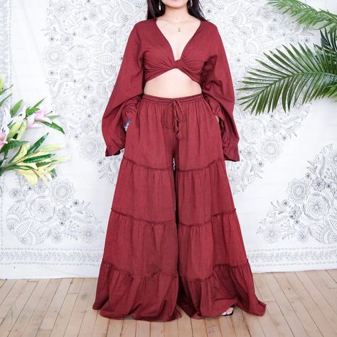 Flow freely in boho bliss with these wide-leg tiered pants and ruffle-sleeve top ensemble 🌸✨ https://karmanepalcrafts.com/products/flowy-tiered-pants #bohohippiechic #widelegpants #flowy #flarepants #bohemianstyle #plussizefashion #ootdfashion #springfashion #summeriscoming Tiered Pants, Flowy Fashion, Boho Hippie Chic, Pants Cotton, Summer Is Coming, Ruffled Sleeve Top, Boho Look, Bell Bottom, Two Piece Set