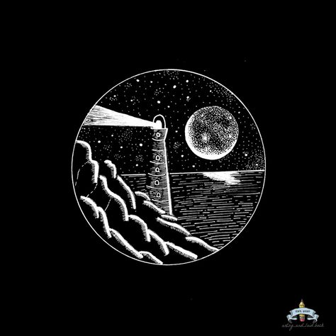 Night Sky Tattoos, Sea Lighthouse, Sky Tattoos, Woodburning Ideas, Moon Sea, Relief Printmaking, Sky Stars, Scratch Art, Lino Cut