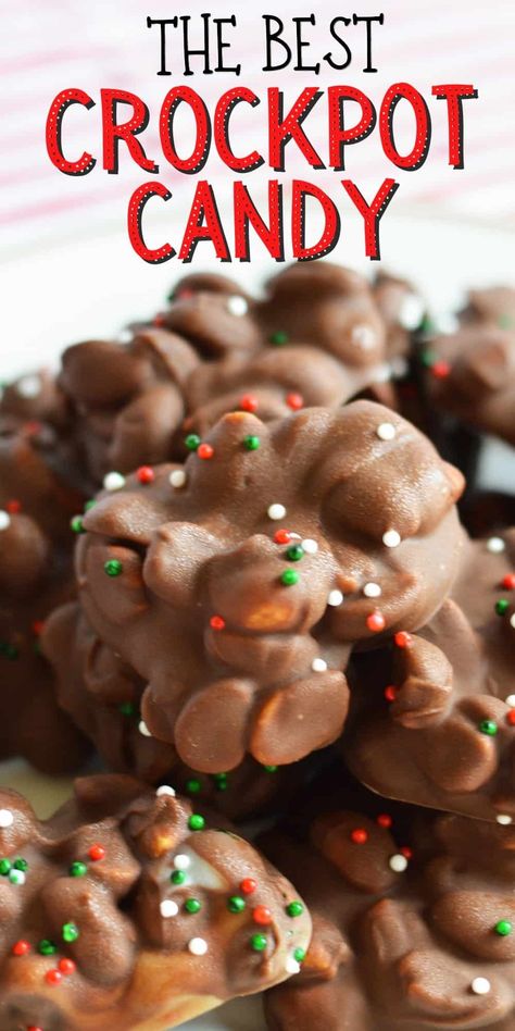 Crockpot candy is a classic homemade Christmas candy made in the slow cooker with peanuts, semi-sweet chocolate chips, and almond bark. #christmascandy #crockpotdesserts #crockpotcandy Christmas Crockpot Candy, Crockpot Christmas Candy, Homemade Christmas Candy, Crockpot Candy Recipes, Almond Bark Recipes, Crockpot Christmas, Christmas Candy Easy, Easy Christmas Candy Recipes, Christmas Candy Homemade