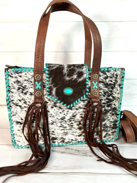 American Cowhide Turquoise Leather Whipstitch Tote Purse Turquoise Leather, Leather Fringe, Small Tote, Tote Purse, Leather Crossbody, Inside Pocket, Zipper Pocket, Brown Leather, Purse