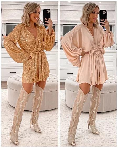 Free people holiday dresses Gold sequin rompers size xs Blush dress size xs Gold over the knee cowboy boots size 7.5 #freepeople #laurabeverlin #party #LTKunder50 #LTKHoliday #LTKsalealert Gold Sequin Dress With Cowboy Boots, Sequin Romper With Boots, Gold Dress With Cowboy Boots, Sparkly Dress With Cowboy Boots, Sequin Dress And Cowboy Boots, Sequin Dress Cowboy Boots, Over The Knee Cowboy Boots Outfit, Boots And Bling Party Outfit Classy, Sequin Dress With Cowboy Boots