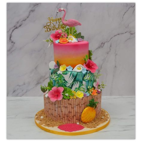 Tropical cake by m.Sali #tropical #cake #birthday #art #rose #manchester #cakeartist #artist #designer #logodesigner #sugarart #sculpture @m.sali #next #project #soon #instagood #gold #flower #play #horse #blue #edible#bamboo @zaracakesmanchester @m.sali Birthday Cake Tropical, Tropical Cake Design Birthday, Tropical Paradise Cake, Tropical 30th Birthday Cake, Island Theme Birthday Cake, 3 Layer Cakes, Three Tier Cake, 3 Tier Cake, Bday Party Theme