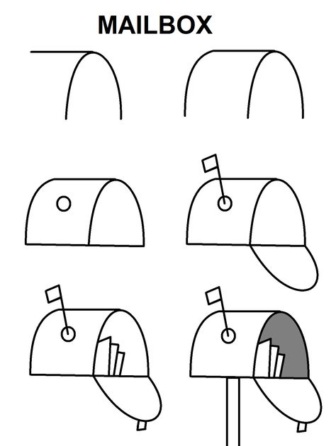 Step-by-step to draw a mailbox How To Draw A Mailbox Step By Step, Mailbox Drawing Easy, Mailbox Doodle, Mail Box Drawing, Things To Draw Step By Step, Art For Beginners Drawing, Simple Doodles Step By Step, Mailbox Drawing, Easy Things To Draw Step By Step