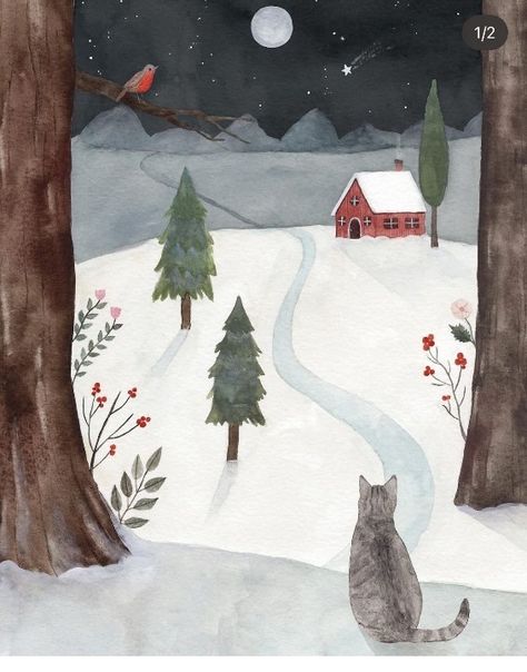 Winter Cottage Illustration, Cute Winter Art, Winter Illustration Art, Cozy Winter Illustration, Christmas Illustration Watercolor, Winter Art Ideas, Watercolor Cottage, Snowy House, Cottage Illustration