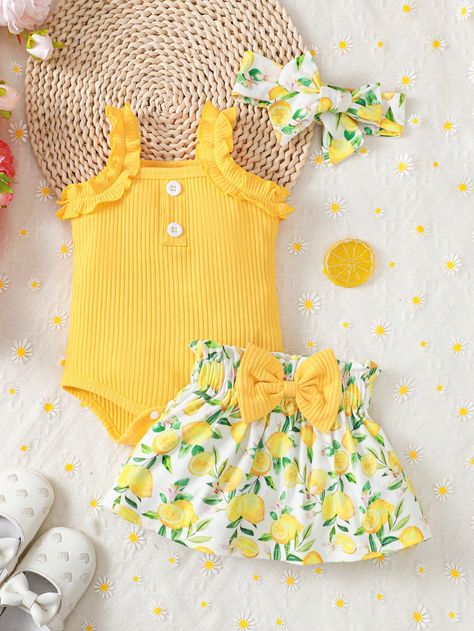 Yellow  Collar   Fruit&Vegetable,Plants  Embellished Slight Stretch  Newborn Baby Clothing Newborn Clothes Summer, Casual Striped Shirt, Classic Baby Clothes, Vegetable Plants, Baby Swimsuit, Summer Baby Clothes, Baby Dress Design, Kids Fashion Dress