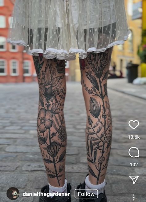 Full Leg Plant Tattoo, Back Of Leg Floral Tattoo, Garden Patchwork Tattoo, Plants Leg Tattoo, Nature Themed Leg Sleeve Tattoo, Floral Lower Leg Tattoo, Floral Tattoo Leg Sleeve, Back Of Leg Flower Tattoo, Botanical Tattoo Leg Sleeve