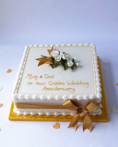 SQ gold 644x805 Golden Wedding Cake, Square Cake, Golden Wedding Anniversary, Victoria Sponge, Anniversary Flowers, Cake Sizes, Golden Wedding, Flower Spray, Belgian Chocolate