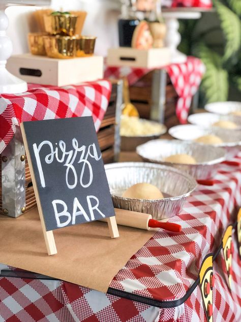 PIZZA! Pizza Party Party Ideas | Photo 4 of 13 Pizza And Beer Party Decorations, Pizza Slumber Party, Kids Make Your Own Pizza Party, Pizza Bar Party Ideas, Rustic Pizza Party, Diy Pizza Bar Party Ideas, Pizza Station Party, Pizza Making Party Ideas, Pizza Party Decorations Food Tables