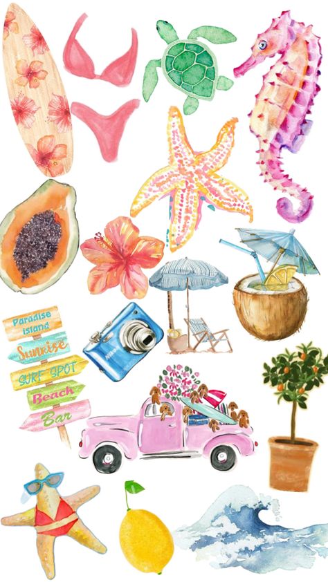 Summer Scrapbook Stickers, Watercolor Collage Art, Summer Stickers Aesthetic, Summer Vibes Stickers, Summer Illustrations, Cute Backgrounds For Iphone, Scrapbook Printing, Collage Board, Summer Illustration