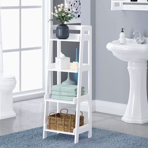 GREAT FLOOR SHELF :This Bathroom Ladder Shelf Crafted From Quality Manufactured Wood .Plus , The Elegant Finish Looks Great With Any Of DÉCor Styles. it Features 4 fixed shelves-perfect for storing and displaying STORE AND DISPLAY : The Open Shelf… Bathroom Standing Shelf, Ladder Shelf Bathroom, Bathroom Ladder Shelf, Bathroom Shelf Unit, White Bathroom Shelves, Bathroom Ladder, Wood Shelving Units, Wood Shelving, Floor Shelf