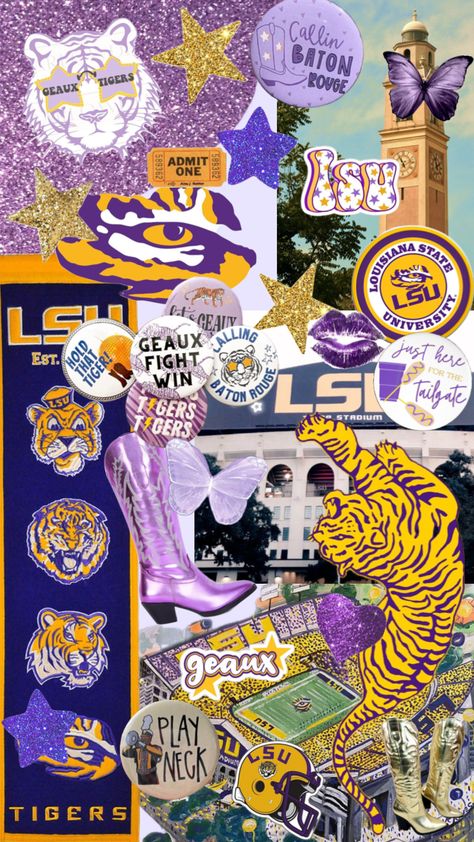 #myfirstshuffle #lsu Lsu Wallpaper, Lsu Aesthetic, College Wallpaper, Sticker Collage, Geaux Tigers, Aesthetic Sticker, Louisiana State, Lsu Tigers, Diy Canvas Art Painting