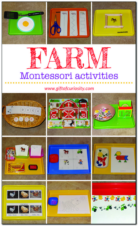 A collection of 12 farm-themed Montessori trays for a preschool farm unit #farm #Montessori #giftofcuriosity #preschool || Gift of Curiosity Farm Practical Life Montessori, Farm For Preschoolers, Montessori Farm Activities, Preschool Farm Unit, Farm Curriculum, Farm Montessori, Farm Unit Study, Farm Unit Preschool, Farm Activities Preschool