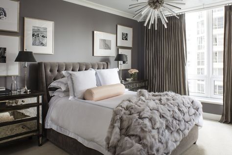 Decorating Chicago: the art of modern glamour — The Decorista Cozy Bedroom Colors, Bedroom Design Styles, Pillows And Blankets, Cozy Bedroom Design, Feature Wall Bedroom, Grey Interior, Glam Bedroom, Dark Bedroom, Transitional Bedroom