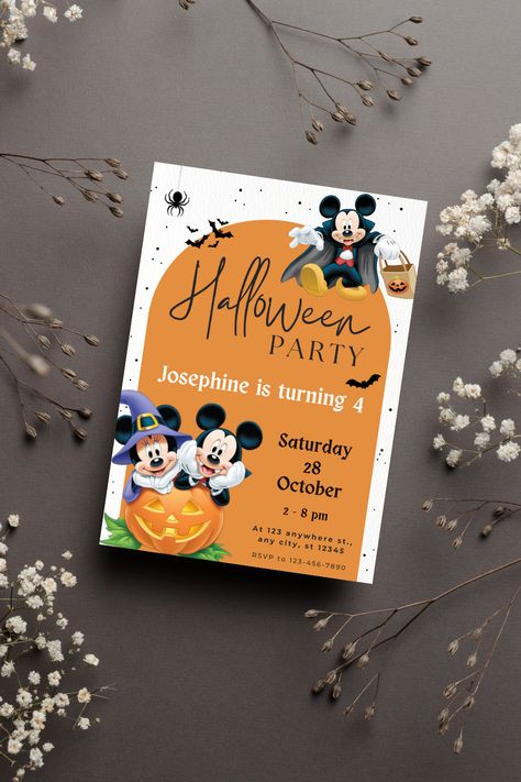 The Halloween Birthday Invitation Template is perfect for a kids birthday party. It showcases the Mickey Mouse Halloween theme, filled with fun and cute design elements like Mickey Mouse, Minnie Mouse, bats and more. Children's birthdays are always special, and this invitation can help create a memorable birthday party that everyone will cherish. Mickey Halloween Birthday Party, Disney Halloween Birthday Party, Mickey Mouse Halloween Birthday Party, Disney Halloween Party, Halloween Invitaciones, Disney Halloween Parties, Mickey Mouse Birthday Invitations, Mickey Halloween Party, Halloween 1st Birthdays