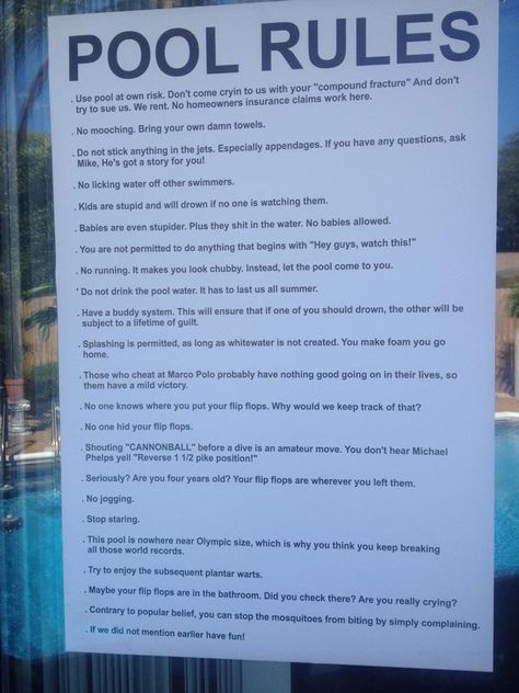 Funny Pool Rules Sign. We hung this by the pool at our wedding. Funny wedding ideas. Creative wedding decorations. Funny Wedding Ideas, Wedding Ideas Creative, Pool Rules Sign, Pool Funny, Beach Rules, Wedding Funny, Pool Rules, Pool Care, Pool Liners