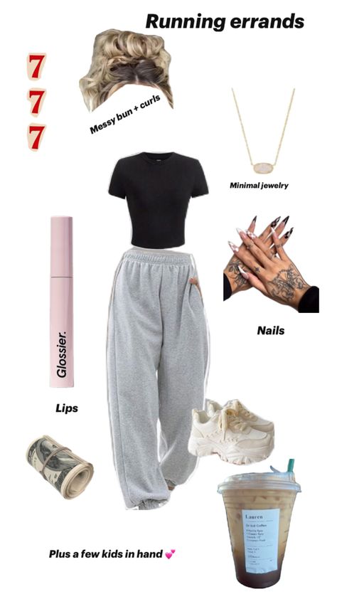 An outfit plan created using grey sweatpants, a black baby tee, a gold chain necklace, and cream sneakers. The image shows a messy bun with curls hairstyle and a lipgloss tube. An image of the numbers 777 is off to the side as a sign of good luck on your errand running journey Bun With Curls, Running Errands Outfit, Running Mom, Errands Outfit, Sweatpants Outfit, Coffee To Go, Have A Day, Minimal Jewelry, Gold Chain Necklace