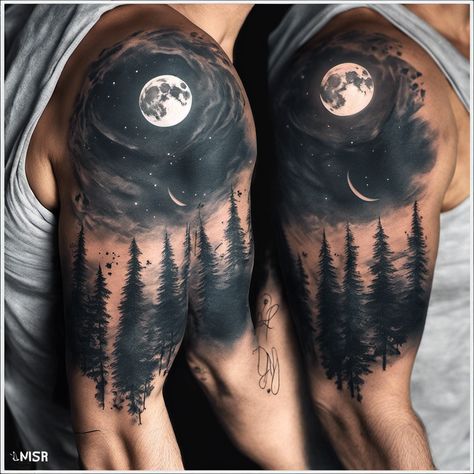 Space Shoulder Tattoos, Dark Shaded Tattoos, Space Chest Tattoo, Moon Tattoo Men, Tommy Tattoo, Moon Shoulder Tattoo, Illuminate Tattoo, Sebastian Tattoo, Sky Tattoos