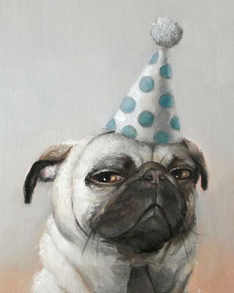 The Hat, by Liese Chavez (Magic Mirror Gallery) #oilpainting #painting #surreal #dog #birthday #polkadots #funny #art Pug Illustration, Pug Pictures, Pug Art, A Pug, Pugs Funny, Cute Pugs, Trik Fotografi, Pug Love, Pug Life