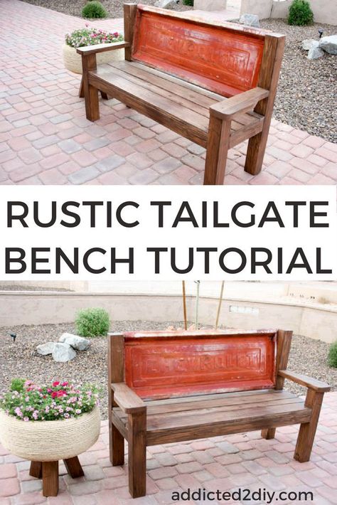 DIY tailgate bench plans using an old truck tailgate will add character to your rustic decor. #diybench #diybenchseat #tailgatewithatwist #tailgates #Bench Truck Tailgate Ideas, Diy Bench Seat, Tailgate Ideas, Diy Bank, Tailgate Bench, Truck Tailgate, Woodworking Bench Plans, Old Truck, Woodworking Furniture Plans