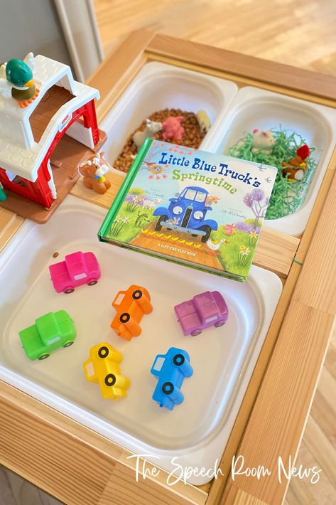 7 Speech Skills to Target with a Little Blue Truck Sensory Bin - Speech Room News Little Blue Truck Sensory Bin, Speech Therapy Sensory Bins, Little Blue Truck Craft, Cslp 2025, Truck Sensory Bin, Valentine Speech Therapy, Speech Therapy Activities Elementary, Adaptive Books, Valentine Sensory