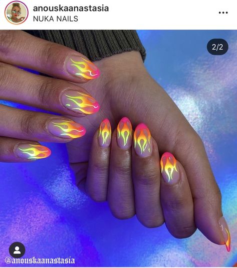 Neon Flames Nails, Neon Flame Nail Art, Rainbow Flame Nails, Flame Design Nails, Orange Flame Nails, Short Flame Nails, Chrome Flame Nails, Neon Flames, Summer Nails Neon