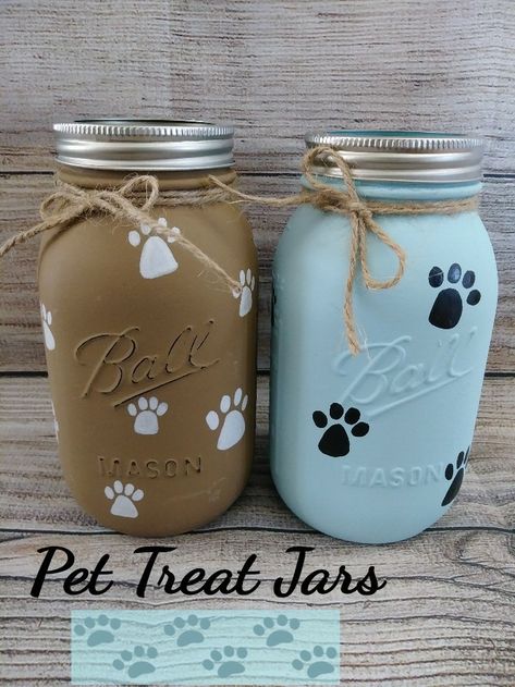 Mason Jar Painting Ideas, Dog Treat Container, Jenga Blocks, Dog Treat Jar, Treat Jar, Diy Dog Treats, Diy Glass Bottle Crafts, Jar Art, Jar Ideas