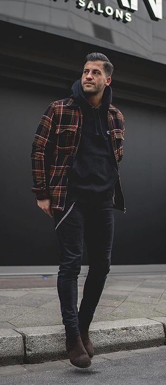 Dark Button Up Shirt Outfit, Black Chelsea Boots Men Outfit, Black Hoodie Outfit Men, Black Chelsea Boots Outfit, Black Hoodie Outfit, Boot Styling, Plaid Boots, Chelsea Boots Men Outfit, Chelsea Boots Outfit