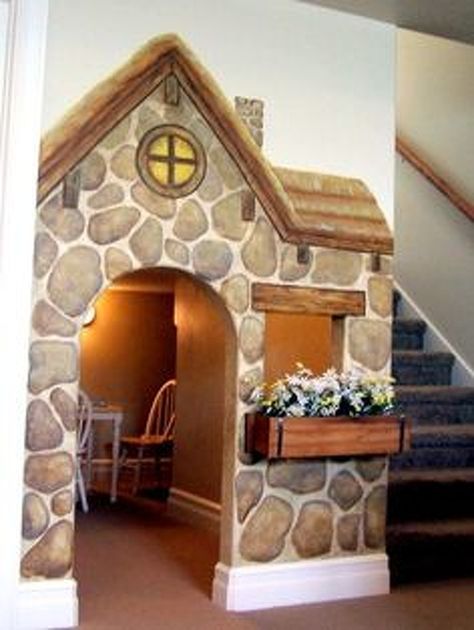 Cottage Facade, Under Stairs Playhouse, Room Under Stairs, Playroom Mural, Daycare Room, Indoor Playhouse, Build A Playhouse, Under The Stairs, Dog House Diy