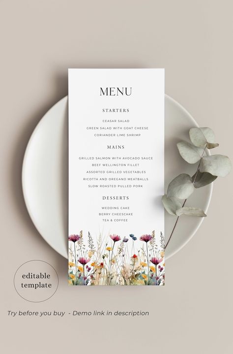 Wildflower Wedding Menu Editable Template - Edit, Download & Print Today ⭐MATCHING ITEMS: https://www.etsy.com/uk/shop/AmbrosiaPrints?search_query=WF3 ▶Try Before You Buy - https://www.corjl.com/d/205OL9 Size - 4x9" ▶How it works? *Access the template using the link in your email from Corjl.com *Edit on phone, tablet or computer (Computer is recommended) *Download & print ▶You can change: text, fonts, font colors, background color ▶You can not change: graphics; size & orientation of the invitati Wedding Flowers Template, Table Cards For Wedding, Wildflower Dessert Table, Wildflower Color Palette Wedding, Floral Wedding Signage, Wedding Stationary Design, Wedding Table Menus, Menu Wedding, Wedding Print