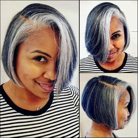 Silver Hair Highlights Black Women, Grey Hair Highlights Black Women, Grey Bob Wigs For Black Women, Gray Stacked Bob Haircut, Salt And Pepper Bob Black Women, Gray Hair Styles For Black Women, Grey Hair Inspiration Black Women, Salt And Pepper Natural Hair Black Women, Grey Dyed Hair Black Women