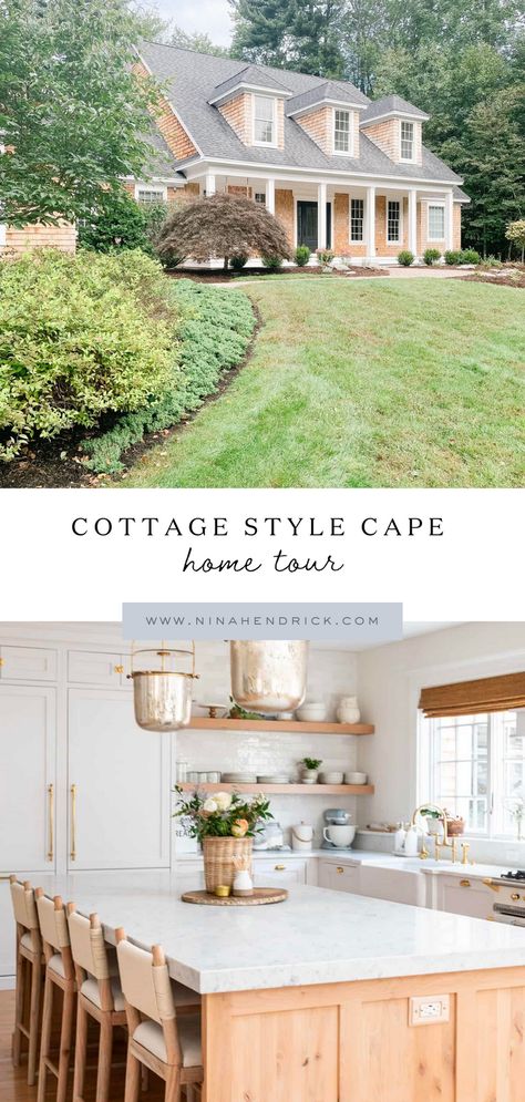 This cottage style cape home with cedar shake is located on the seacoast of New Hampshire and is filled with classic touches and plenty of built-ins. Follow along as I add decor and organization in order to make this cape cod style cottage house our own. Cape Cod Home Exterior Colors, Cape Cod Cedar Shake, Cape Cod Makeover, Cape Cod Window Treatments, Cape Cod Farmhouse Interior Design, Rustic Cape Cod House Exterior, Cape Cod Style Exterior, Cape Cod House Exterior Porch, Shaker Style Exterior Homes