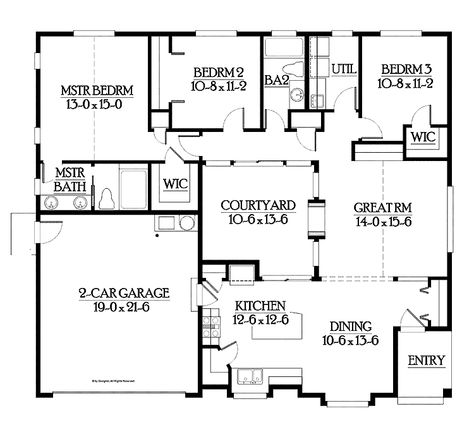 Home Plans HOMEPW05342 - 1,552 Square Feet, 3 Bedroom 2 Bathroom Craftsman Home with 2 Garage Bays House Plans With An Atrium, Small House With Courtyard Floor Plans, House Plans With Atrium, Central Courtyard House Plans, Atrium House Plans, Small Master Closet, Central Atrium, House Floorplan, Atrium House