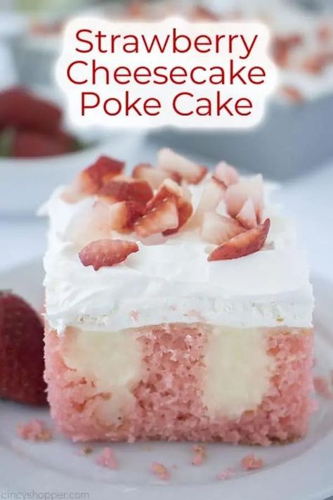 Poke Cake With Cheesecake Pudding, Strawberry Cheesecake Poke Cake Recipe, Strawberry Cheesecake Poke Cake, Cheesecake Poke Cake, Strawberry Cake Mix Recipes, Strawberry Poke Cake, Easy Strawberry Pie, Loaf Breads, Strawberry Poke Cakes