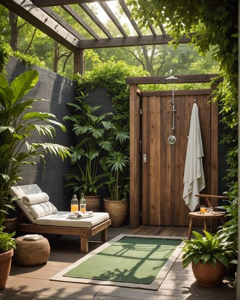 Tropical Outdoor Shower Ideas, Rustic Outdoor Shower Ideas, Outdoor Toilet And Shower Ideas, Rustic Showers, Outdoor Bath House, Outdoor Shower Inspiration, Stone Shower Floor, Outdoor Shower Ideas, Outside Showers