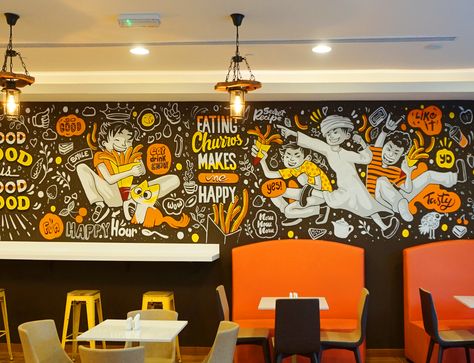 Graffiti / Doodle on Behance Food Graffiti, Mural Cafe, Small Restaurant Design, Cafe Wall Art, Food Doodles, Graffiti Doodles, Photo Wall Decor, Food Illustration Art, Cafe Wall